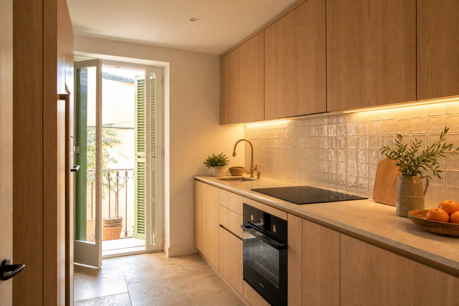 Cocina reformada con madera natural y luz cálida